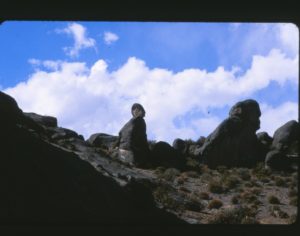 El Cerro de las Miradas, una roca enorme que se parece a un buque, situado en la parte sur de la meseta cercano a la Fortaleza y la laguna CachuCachu (Tabla 1). Fue nombrado tal porque en el convergen tres lineas de mira : el hombre de las Figuras 13a y 13b, una mujer al lado opuesto (Figura 13c), el cerro con el hombre y mujer apenas visibles a los costados en la parte posterior (Figura 13d) y la cabeza de un perro a la izquierda en Figura 13e. Fotos de Agosto 2003. 